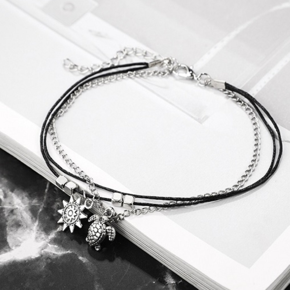 Hot Gothic Sister Layer Sun Silver Turtle Anklet - Picture 2 of 4